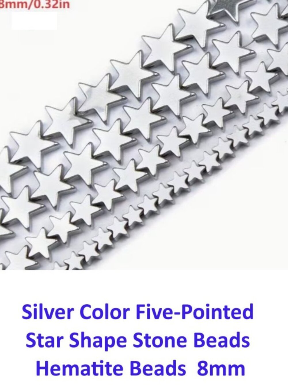 Silver Color Five-Pointed Star Shape Hematite Beads 8mm 15" Strand